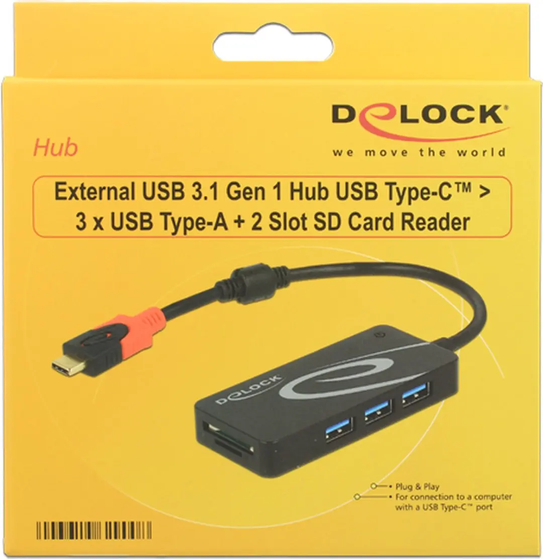 Delock 62900 USB 3.2 Hub - 3x USB-A + SD-kaartlezer Zwart