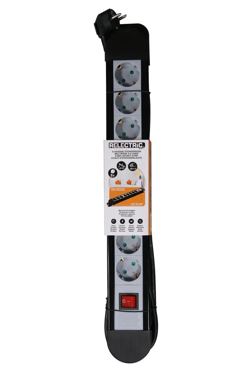 Relectric 8-voudige stekkerdoos 1,5m 3700W - Zwart/Grijs