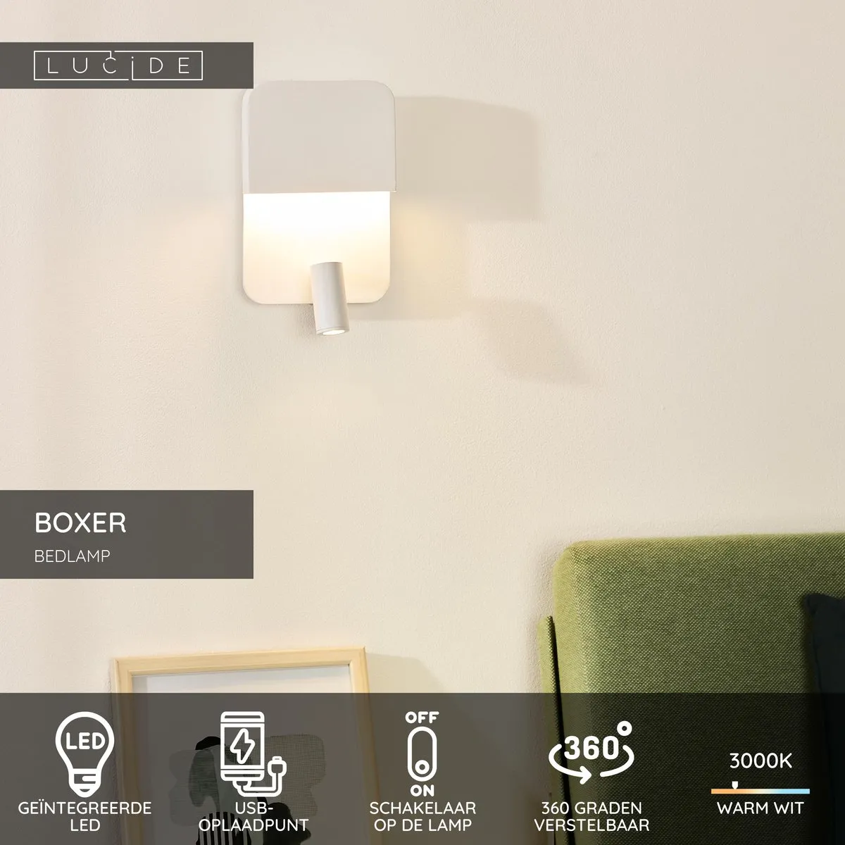 Lucide Boxer LED Bedlamp - 3000K - Wit