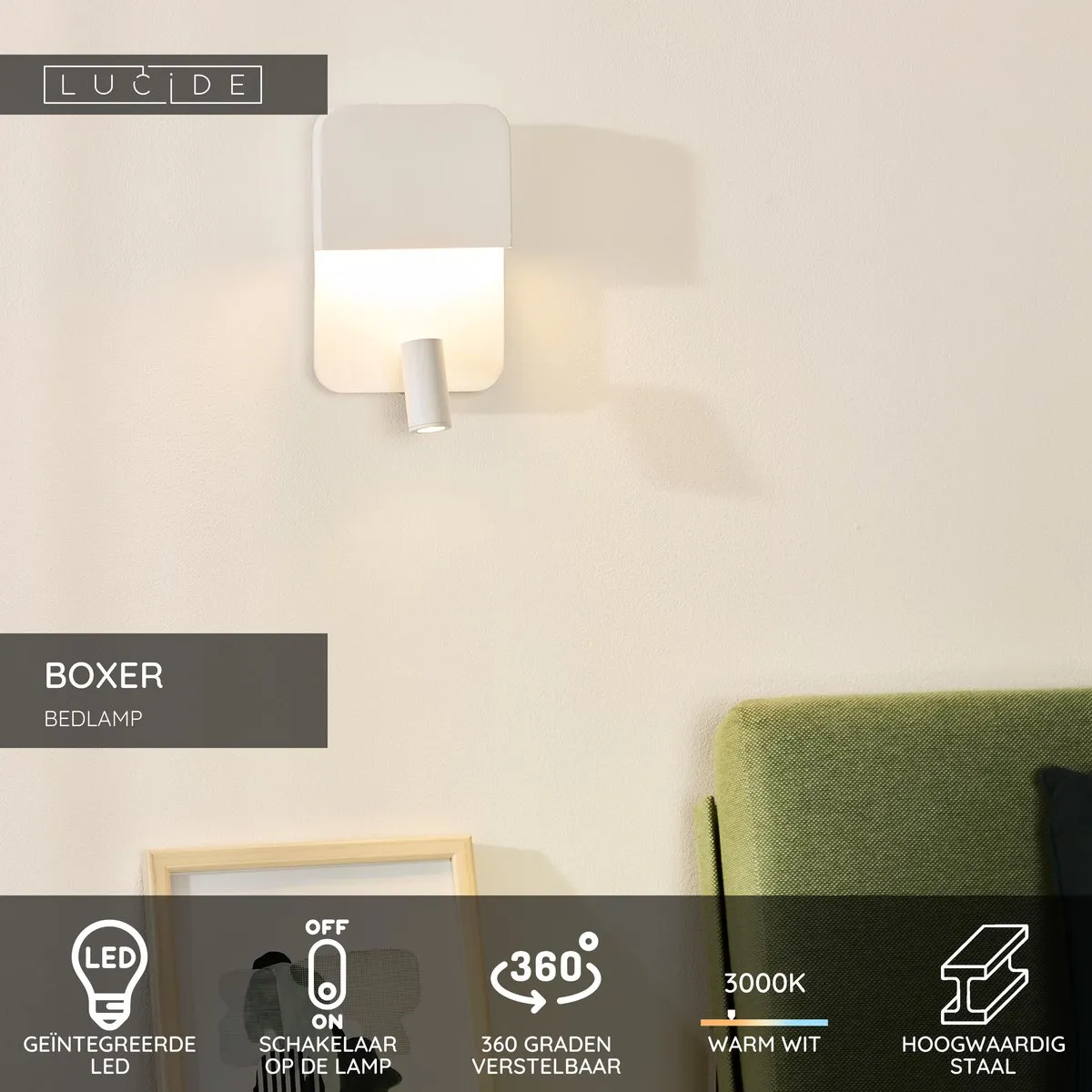 Lucide Boxer LED Bedlamp - 3000K - Wit