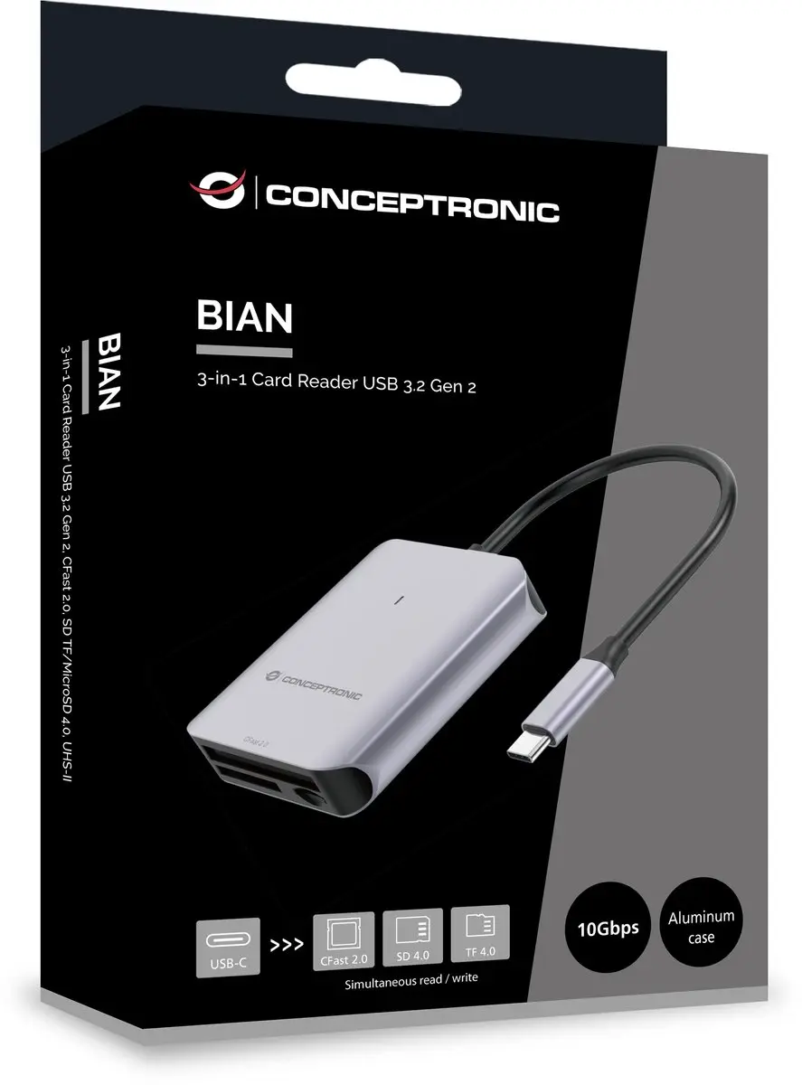 Conceptronic BIAN09G Kaartlezer USB 3.2 Gen 2 - Grijs