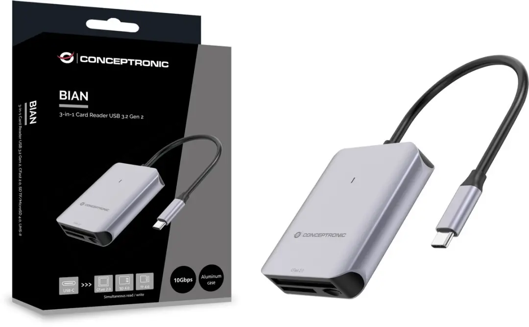 Conceptronic BIAN09G Kaartlezer USB 3.2 Gen 2 - Grijs