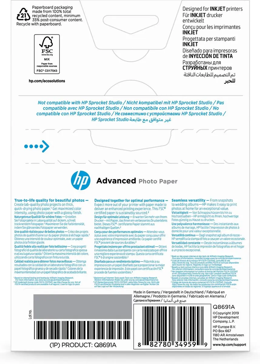 HP Q8691A Fotopapier 10x15cm 25 Vel - 250g/m² Wit