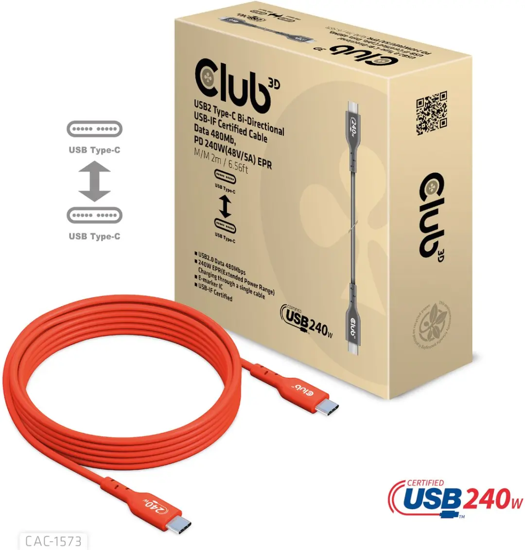 Club 3D USB-C Kabel CAC-1573 - 2m - 480Mbps PD 240W Rood