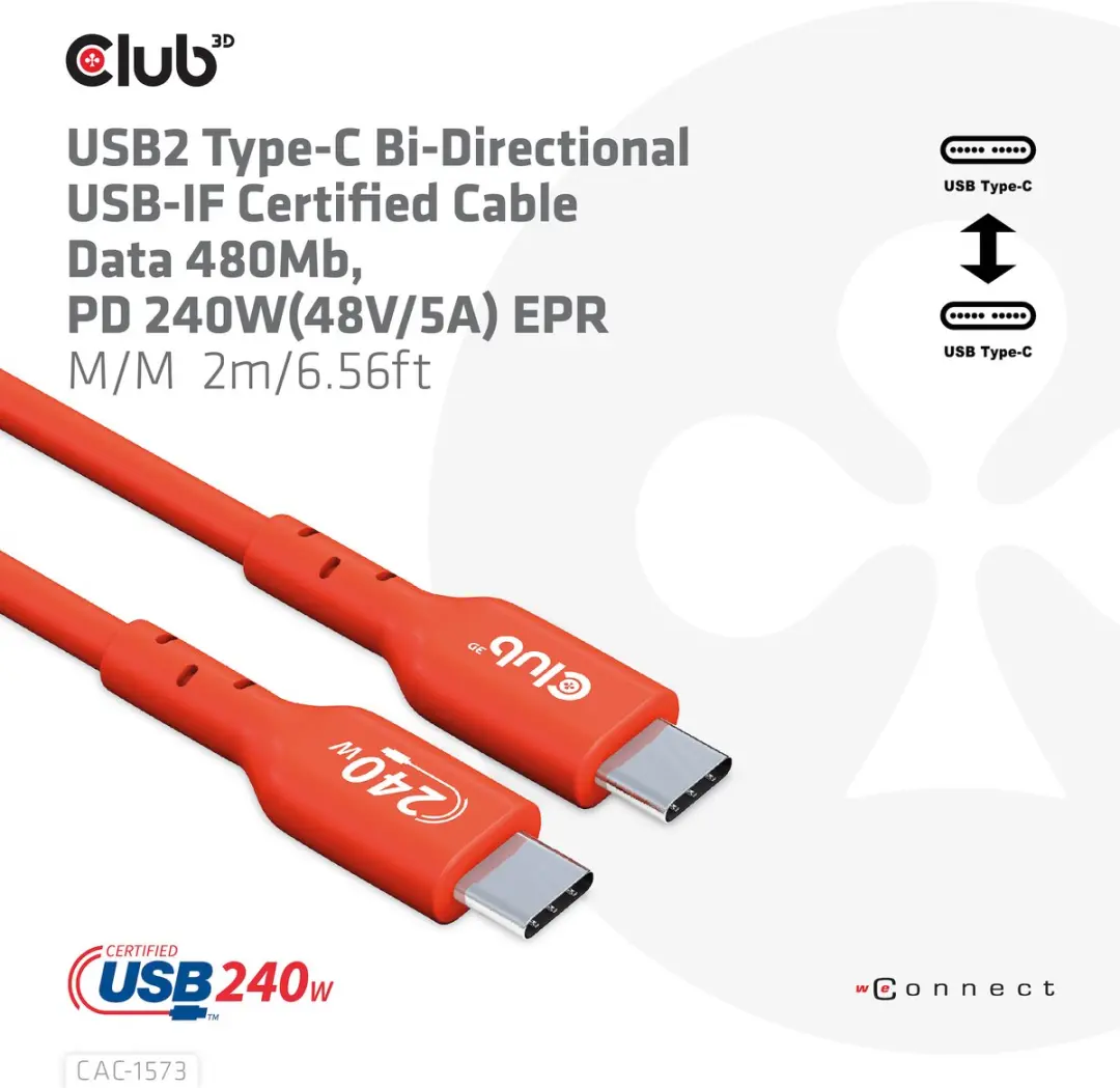 Club 3D USB-C Kabel CAC-1573 - 2m - 480Mbps PD 240W Rood