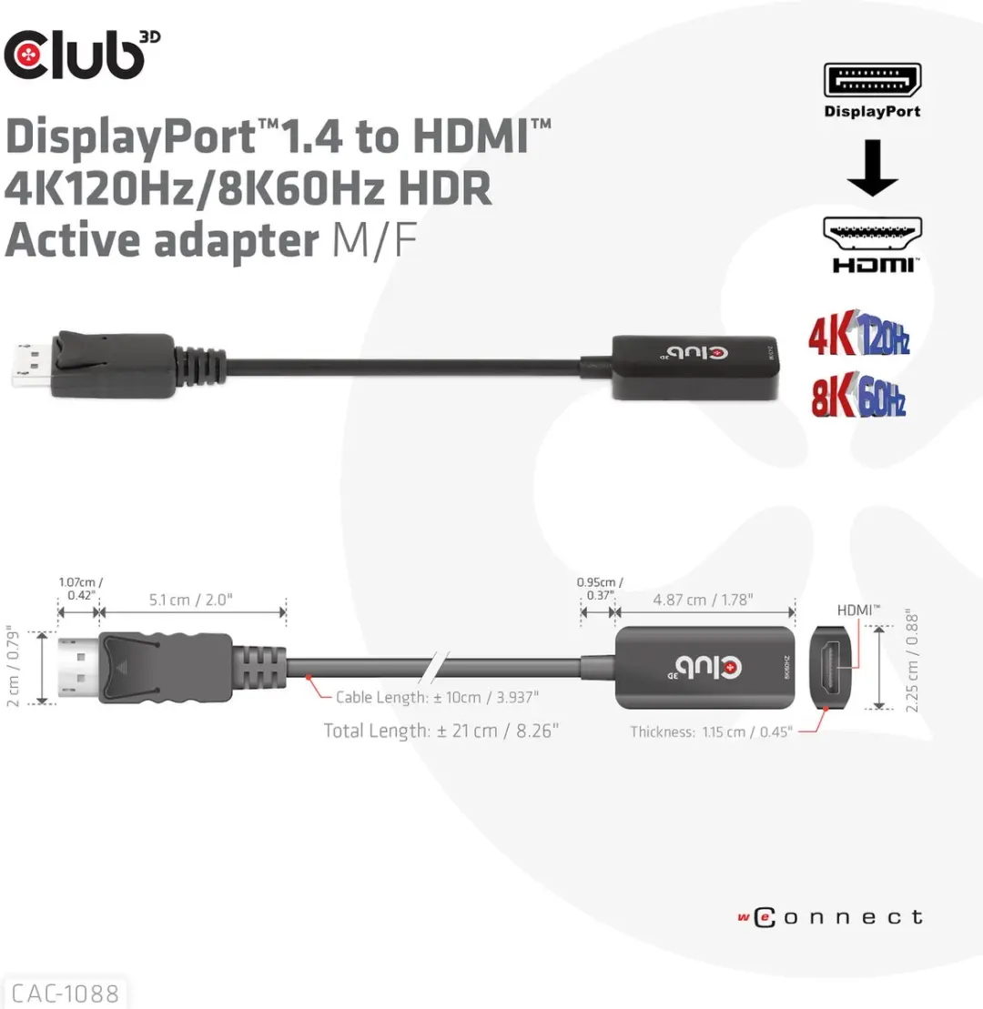 Club 3D CAC-1088 DisplayPort naar HDMI Adapter - 4K120Hz/8K60Hz - Zwart