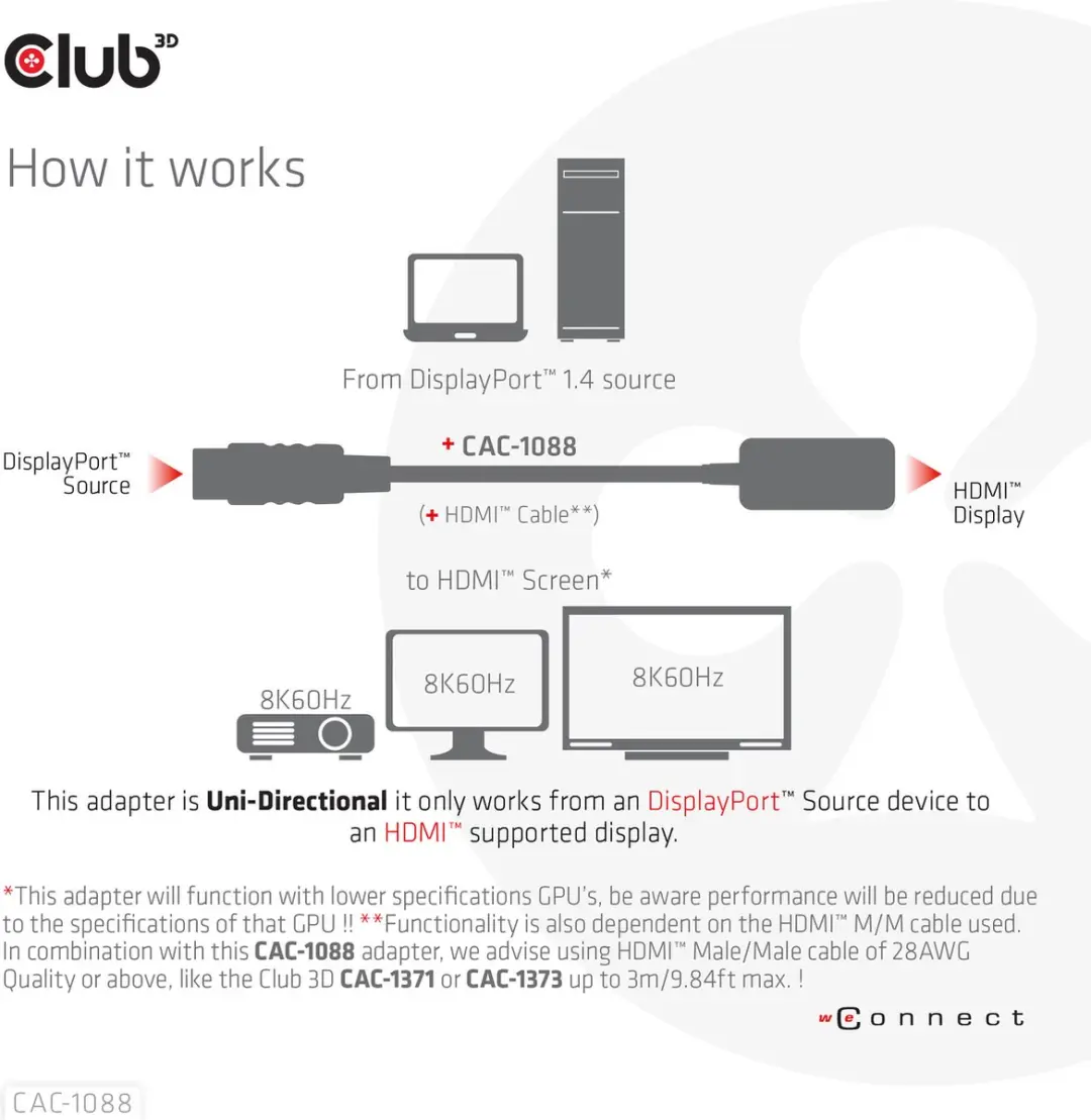 Club 3D CAC-1088 DisplayPort naar HDMI Adapter - 4K120Hz/8K60Hz - Zwart