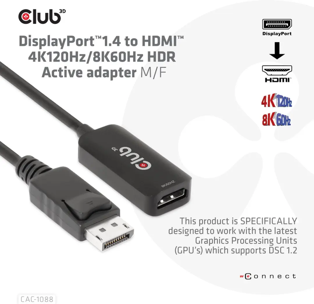 Club 3D CAC-1088 DisplayPort naar HDMI Adapter - 4K120Hz/8K60Hz - Zwart