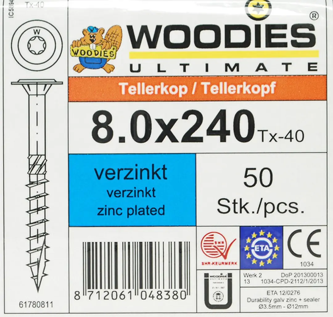 Woodies Tellerkopschroeven Torx 40 8x240mm - 50 Stuks