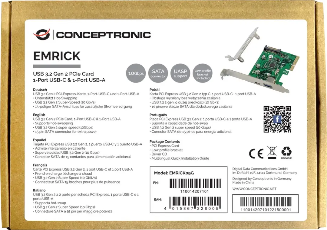 Conceptronic EMRICK09G USB 3.2 Gen 2 Interfacekaart - Groen
