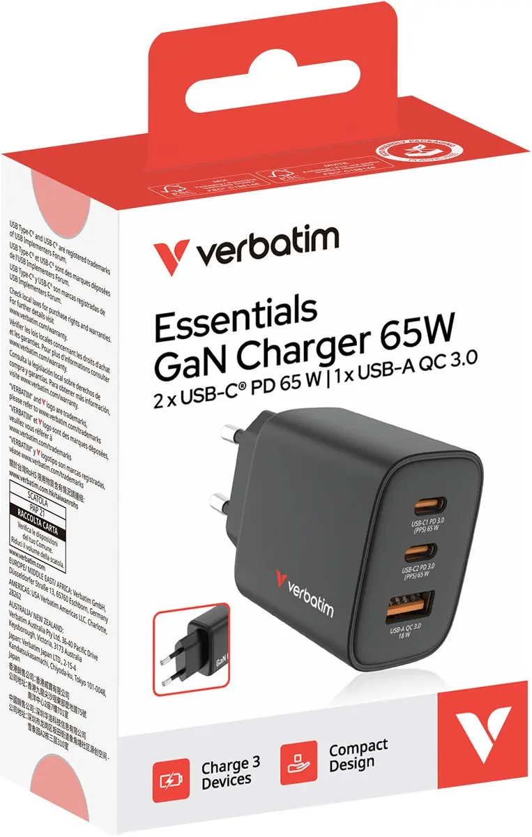 Verbatim Gan 65W Oplader - Transparent