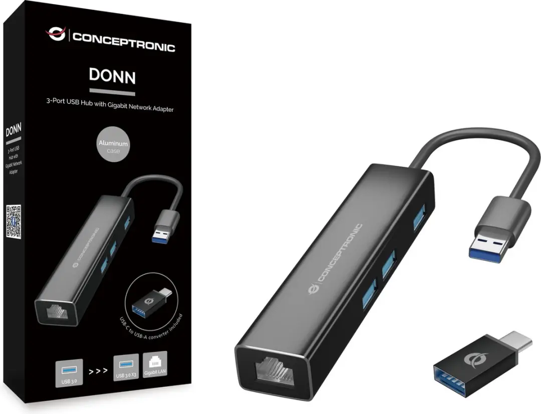 Conceptronic DONN07BA USB 3.0 Adapter - 3 Poorten - Zwart