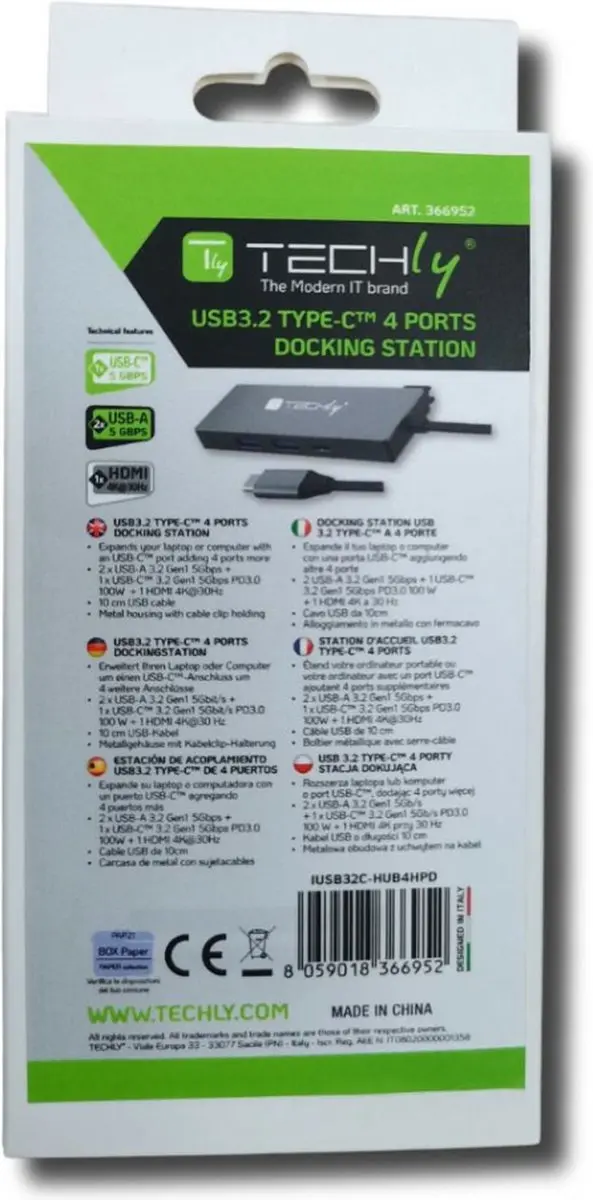 Techly IUSB32C-HUB4HPD Laptop Dock - 2x USB 3.2 - Grijs