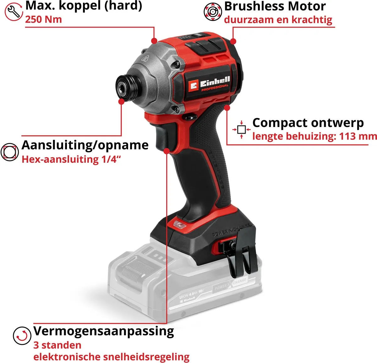 Einhell Professional TP-CI 18/250-C Li BL Accu Slagschroefmachine - 18V - 250Nm