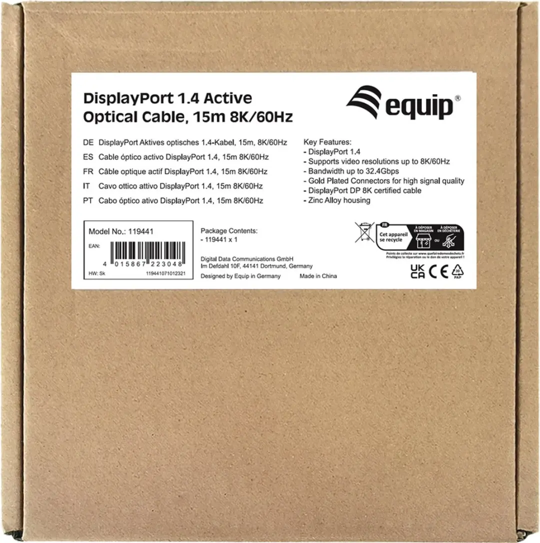 Equip DisplayPort 1.4 Actieve Optische Kabel 15m - 8K/60Hz - Zwart