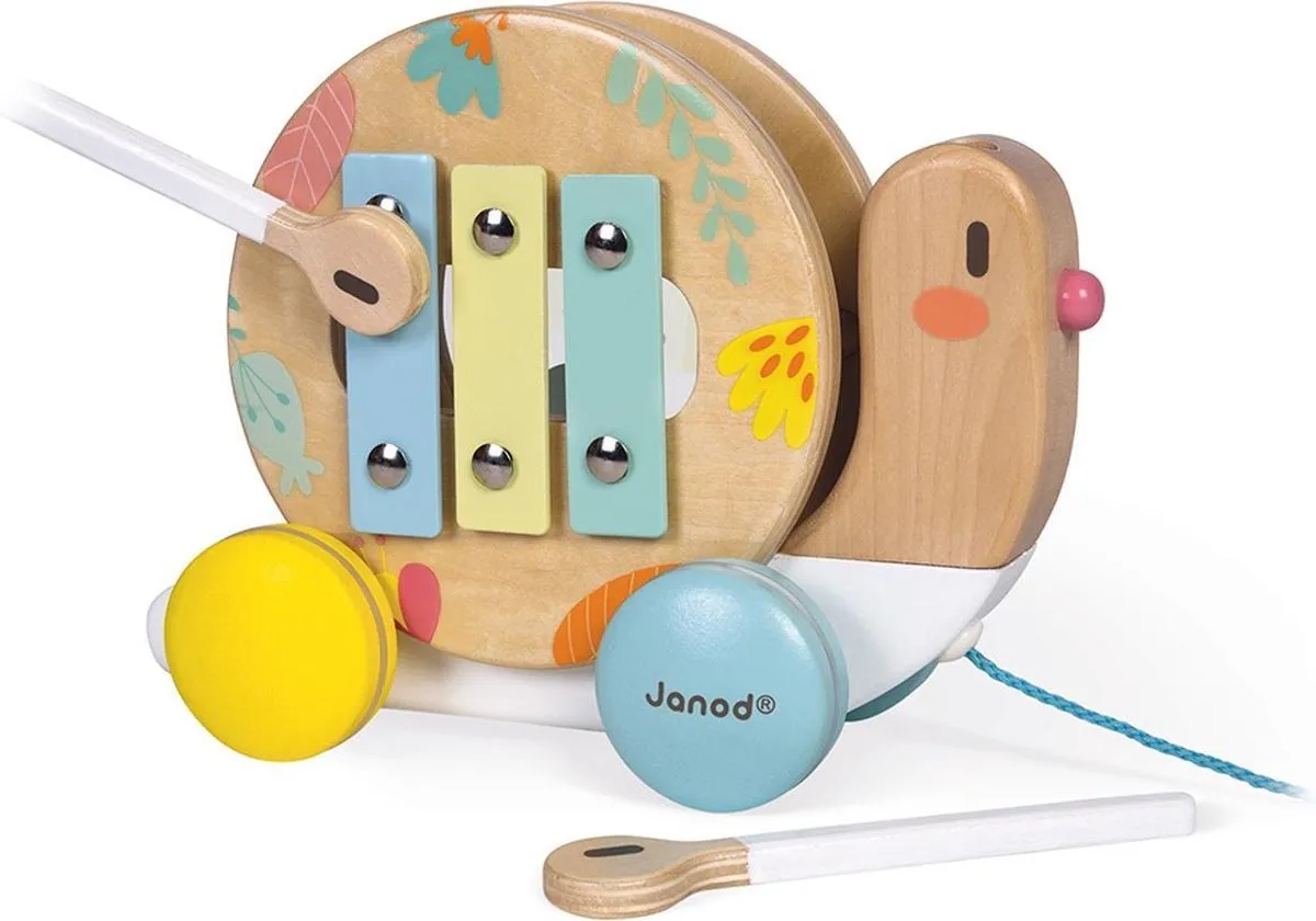 Janod Pure Trekfiguur Slak - Xylofoon & Tamboerijn - 4 Kleuren