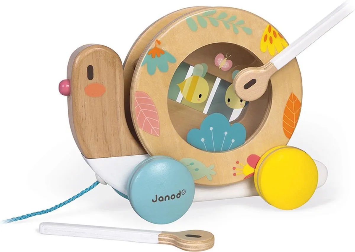 Janod Pure Trekfiguur Slak - Xylofoon & Tamboerijn - 4 Kleuren