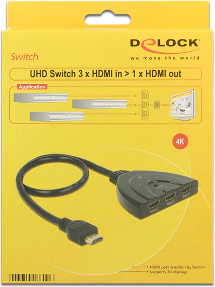 Delock HDMI Schakelaar 3 naar 1 2.0 4K60Hz HDR - 0,60m Zwart