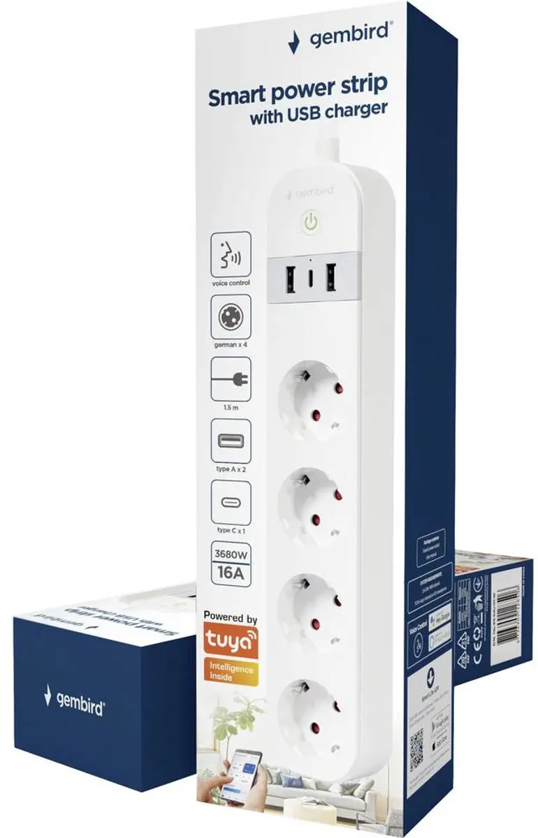 Gembird TSL-PS-S4U-01-W Slimme Stekkerdoos - 4-voudig - USB