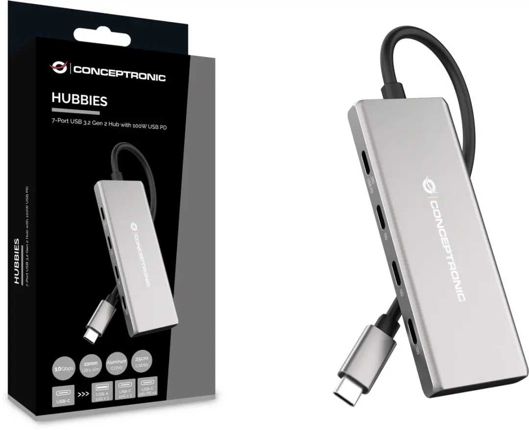 Conceptronic HUBBIES17G USB 3.2 Hub - 7 Poorten Grijs