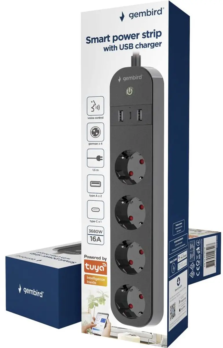 Gembird TSL-PS-S4U-01 Slimme 4-voudige stekkerdoos - USB - Zwart