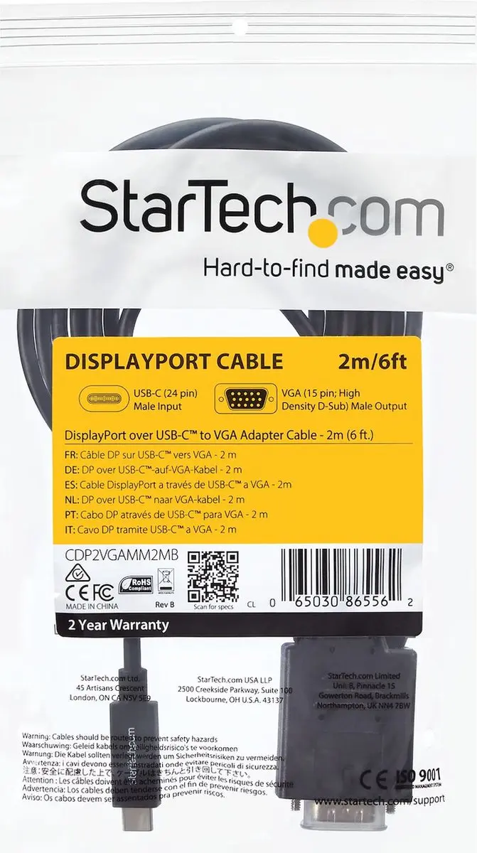 Startech USB-C naar VGA Adapterkabel 2m - 1920x1200 - Zwart