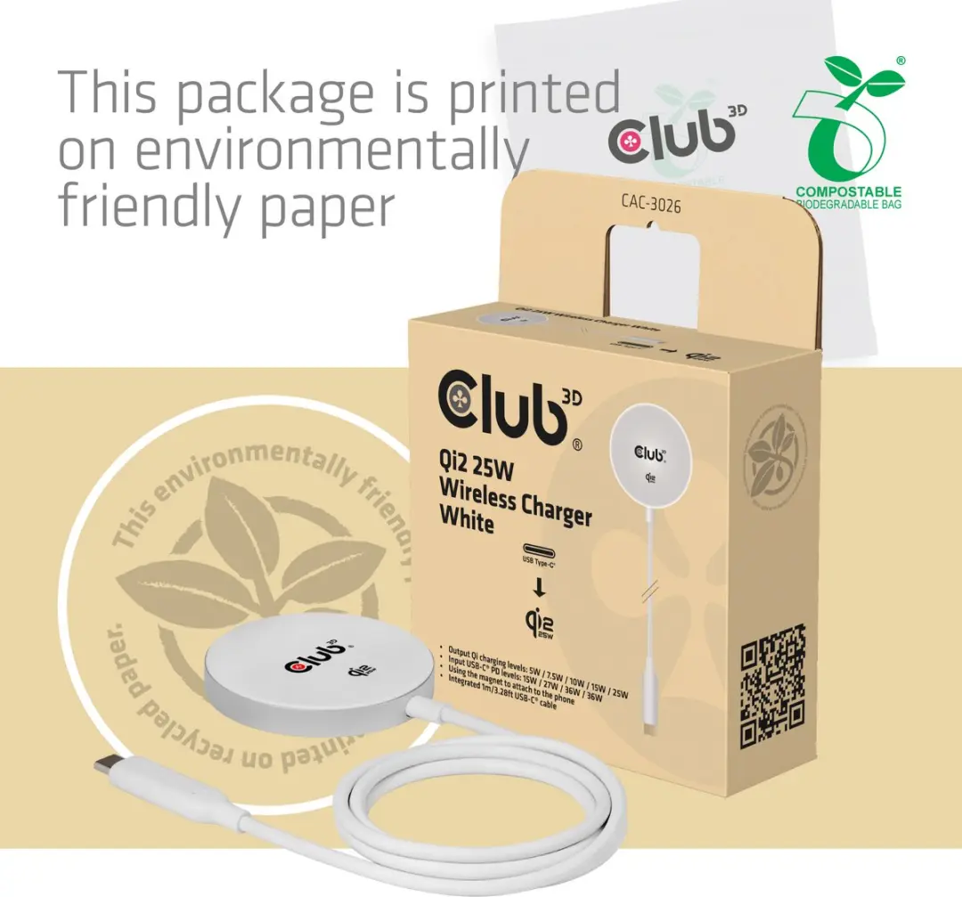 Club3D CAC-3026 Qi2 Oplader 25W - MagSafe - Wit