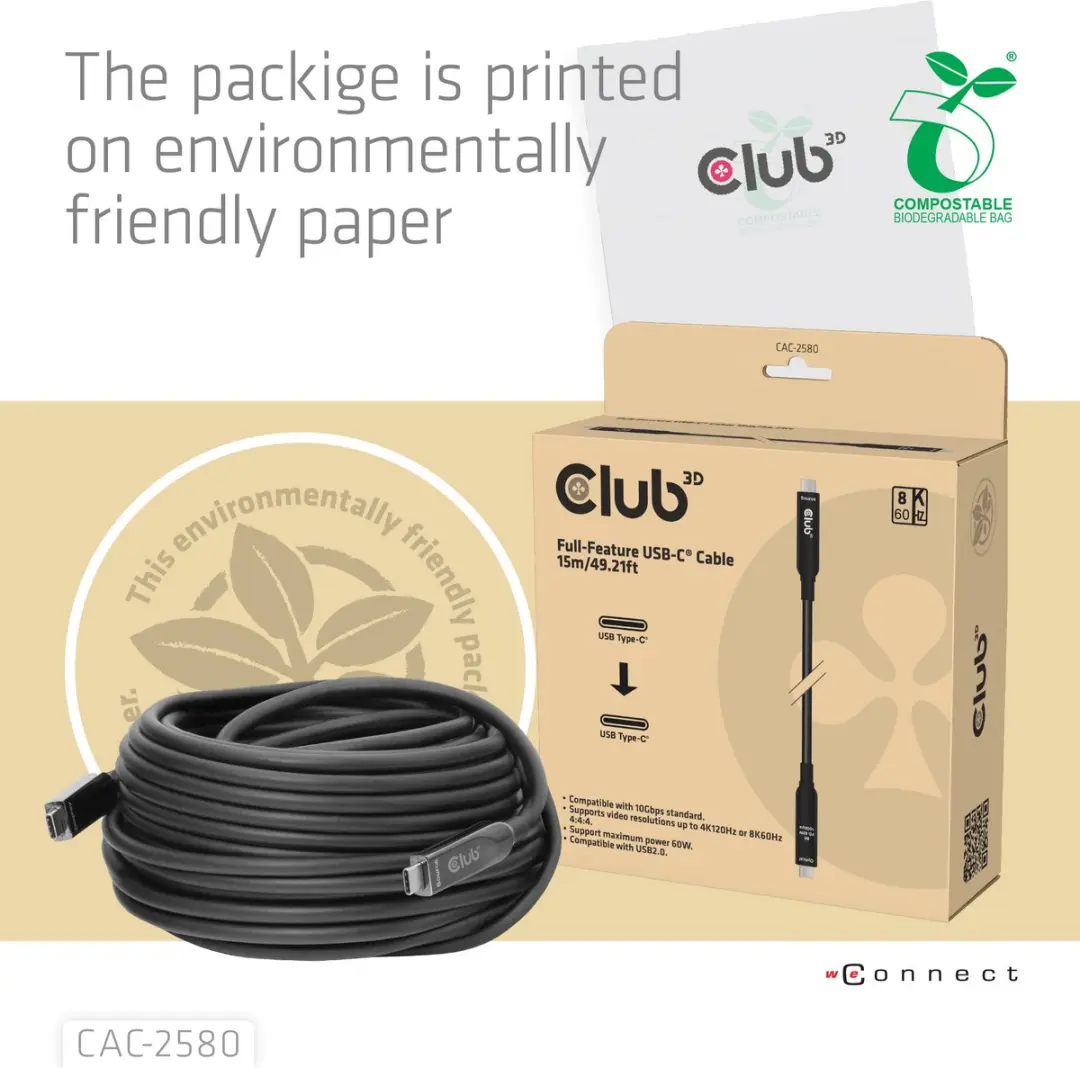 Club3D CAC-2580 USB-C Kabel 15m - 8K60Hz 10Gbps 60W - Zwart