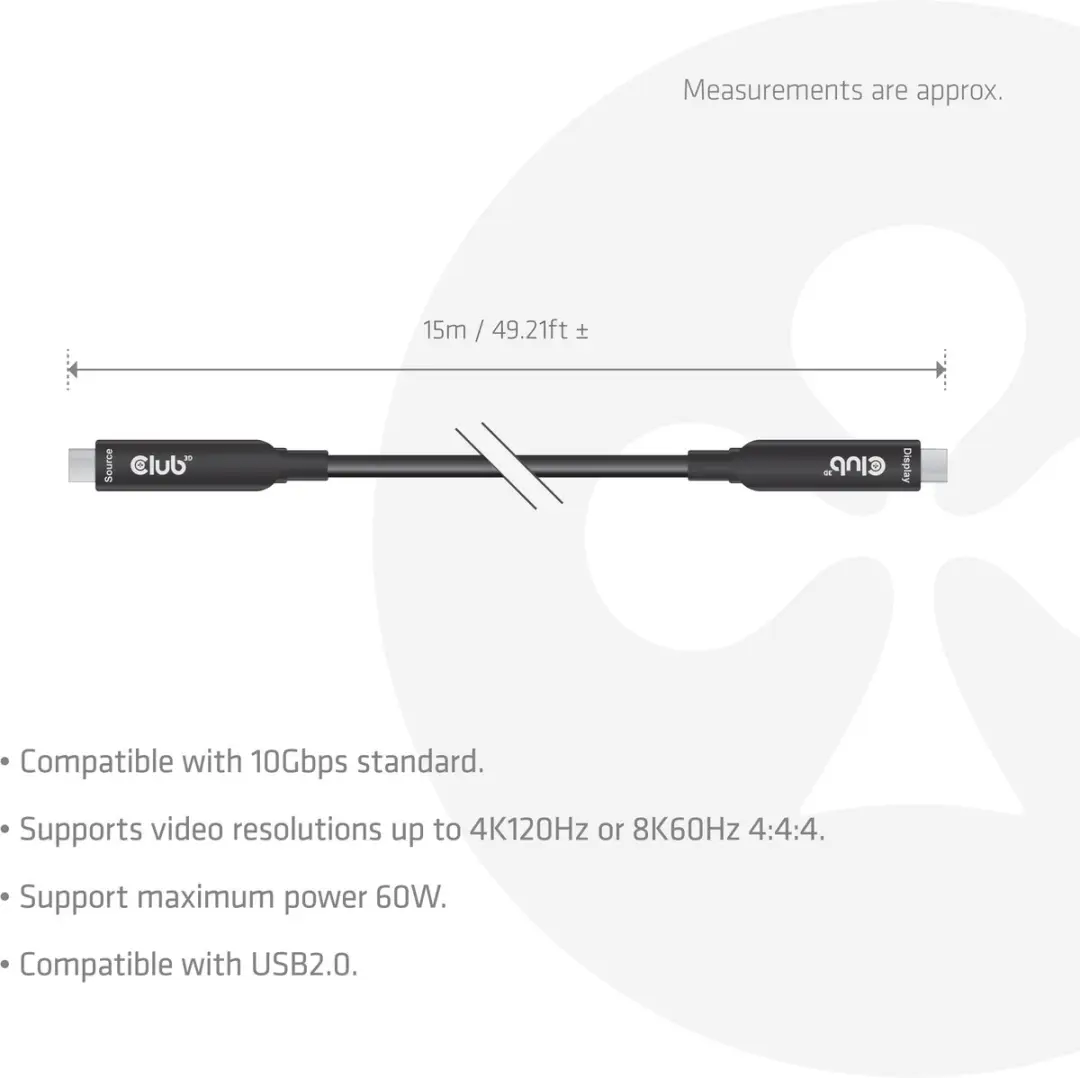 Club3D CAC-2580 USB-C Kabel 15m - 8K60Hz 10Gbps 60W - Zwart