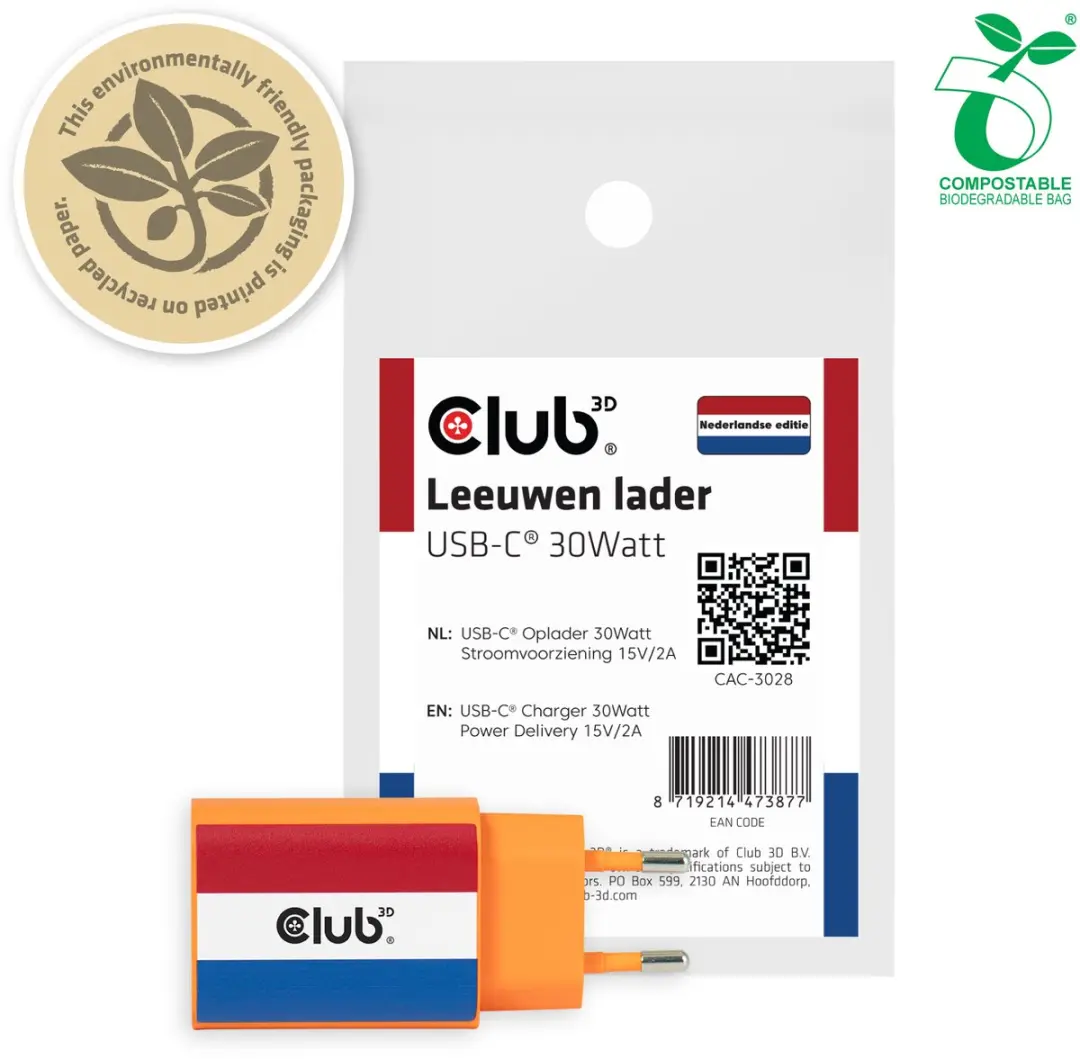 Club 3D CAC-3028 USB-C Lader 30W - Oranje