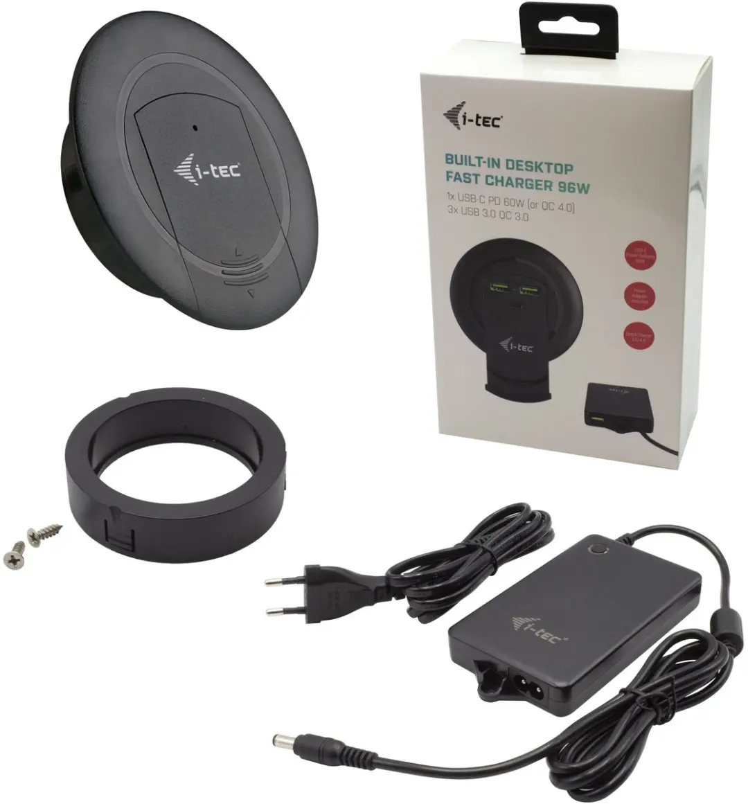 I-tec Built-in Desktop Fast Charger 96W - USB-C PD 3.0 + 3x USB 3.0 QC3.0 - Zwart - afbeelding 6 van 6