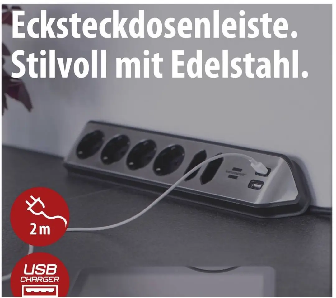 Brennenstuhl Estilo Hoekstopcontactdoos 6-weg - 4x Schermcontact & 2x USB - Zilver/Zwart