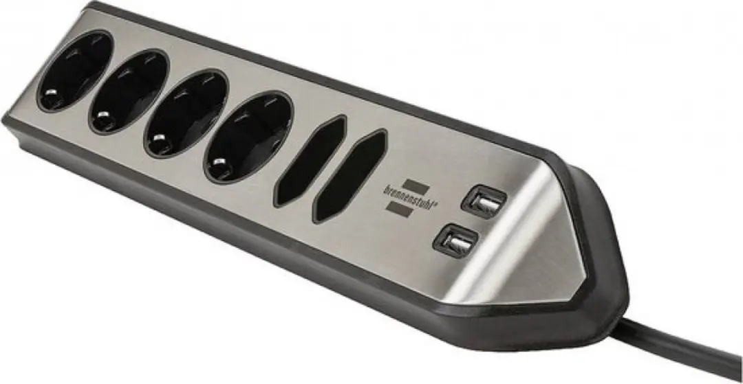 Brennenstuhl Estilo Hoekstopcontactdoos 6-weg - 4x Schermcontact & 2x USB - Zilver/Zwart