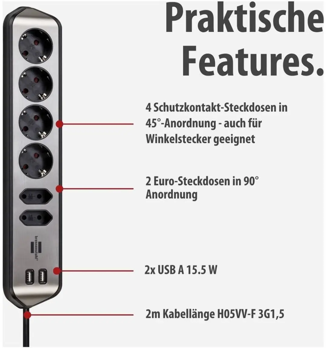 Brennenstuhl Estilo Hoekstopcontactdoos 6-weg - 4x Schermcontact & 2x USB - Zilver/Zwart