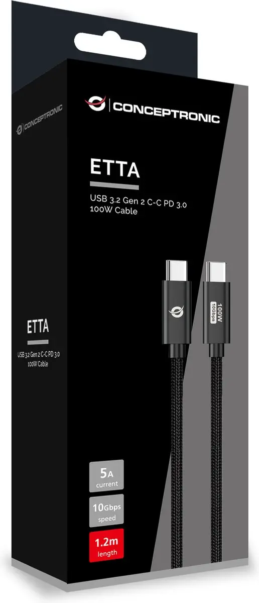 Conceptronic ETTA02B12 USB-C Kabel 1,2m - USB 3.2 Gen 2 - Zwart