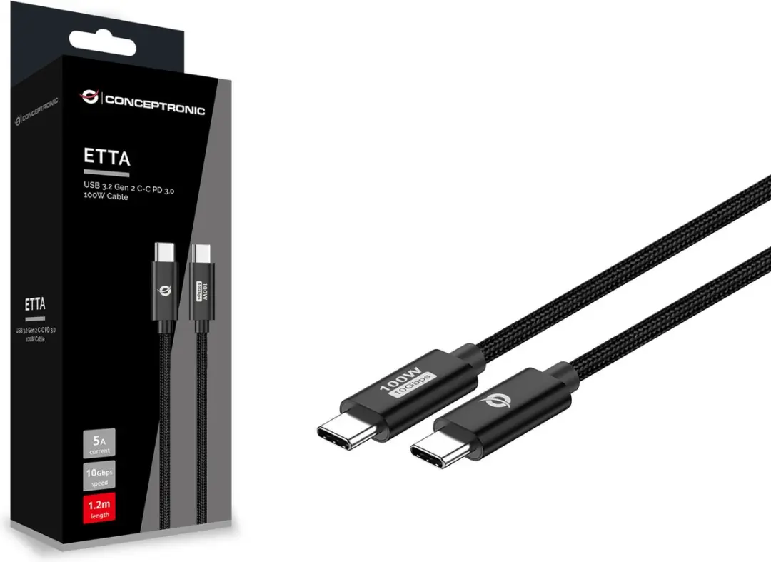 Conceptronic ETTA02B12 USB-C Kabel 1,2m - USB 3.2 Gen 2 - Zwart