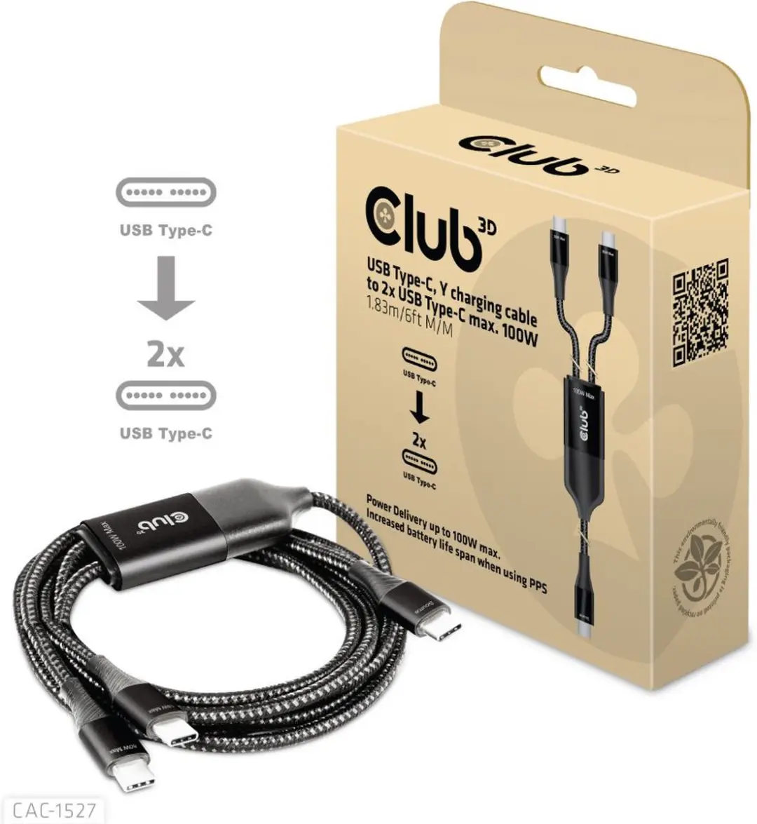 Club3D CAC-1527 USB Type-C Y-laderkabel 100W - 1.83m - Zwart