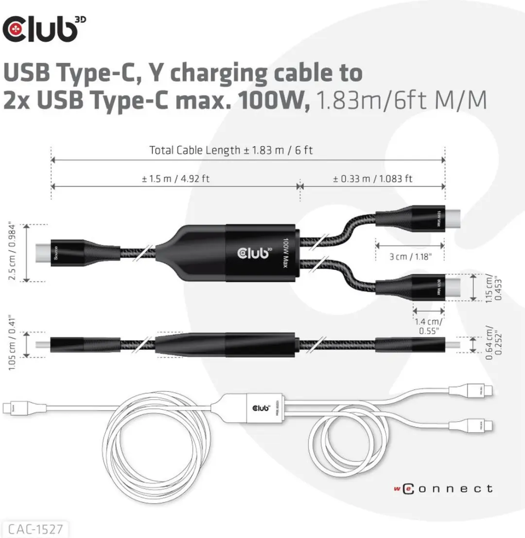 Club3D CAC-1527 USB Type-C Y-laderkabel 100W - 1.83m - Zwart