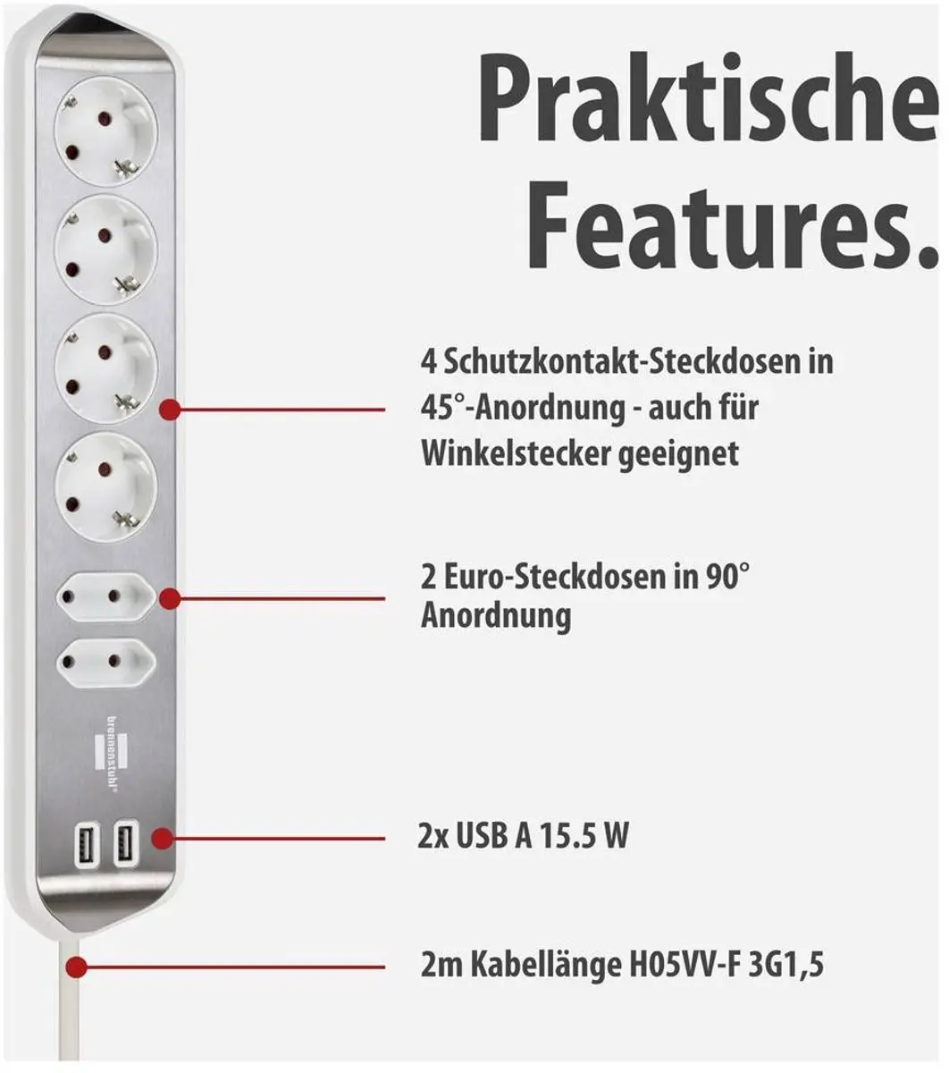 Brennenstuhl Estilo Hoekstopcontactdoos 6-Weg - 4x Contactdozen 2x USB - Zilver/Wit