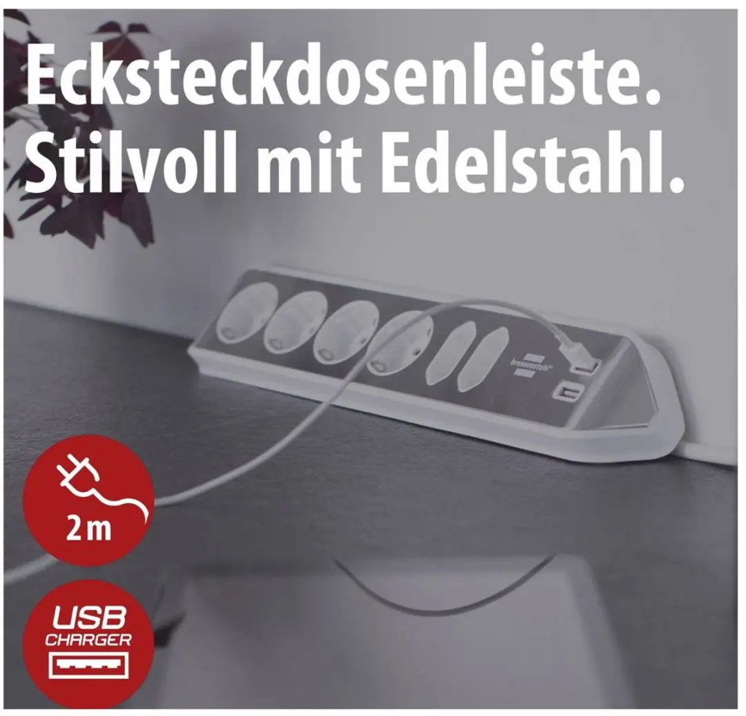 Brennenstuhl Estilo Hoekstopcontactdoos 6-Weg - 4x Contactdozen 2x USB - Zilver/Wit