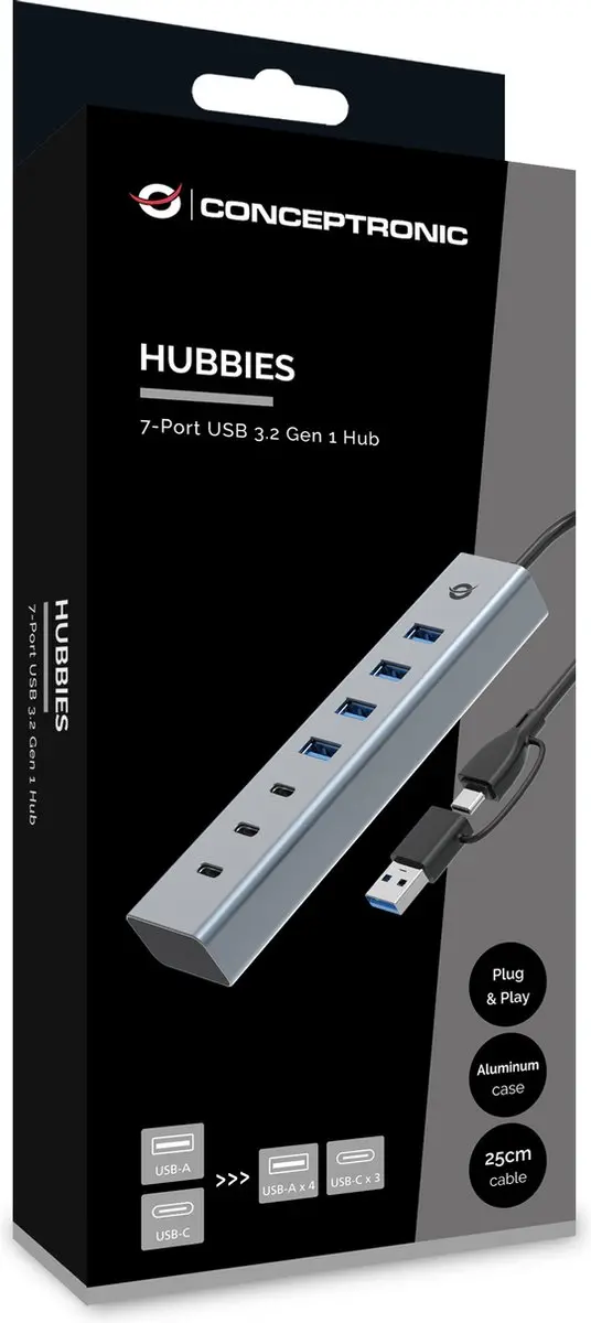 Conceptronic HUBBIES20G USB 3.2 Hub - 3x Type-C 5000 Mbit/s - Grijs