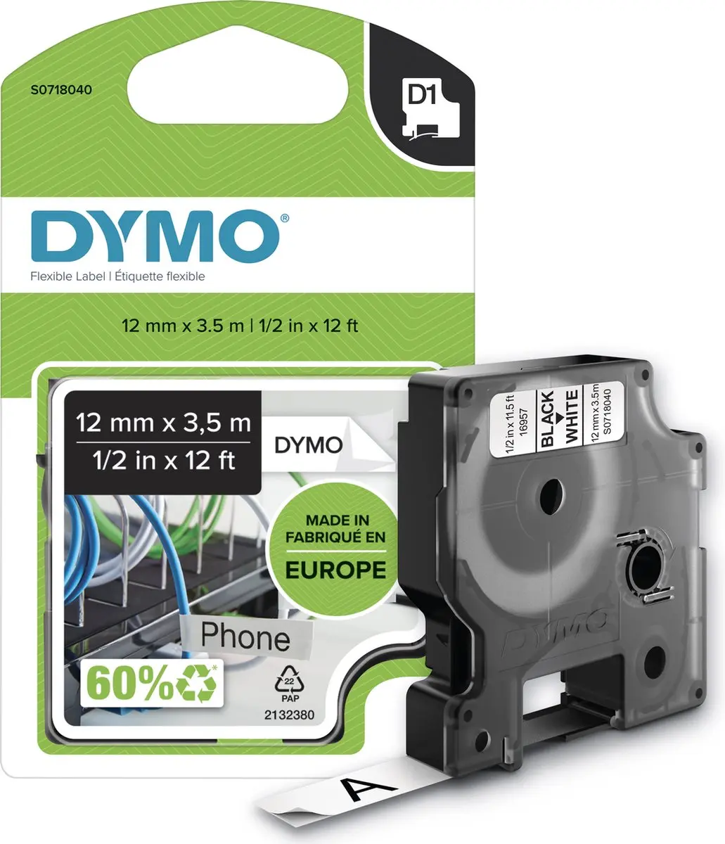DYMO D1 S0718040 Zelfklevende Nylon Etiketten 12mm x 3,5m