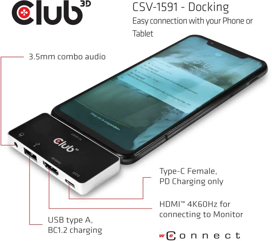 Club3D CSV-1591 USB-C 4-in-1 Hub - HDMI 4K60Hz - Zwart/Chroom - afbeelding 6 van 6