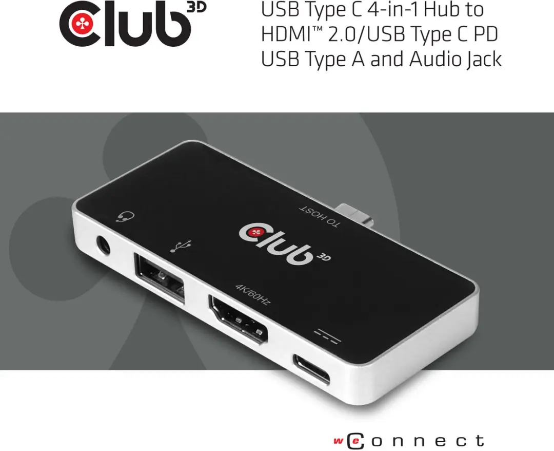 Club3D CSV-1591 USB-C 4-in-1 Hub - HDMI 4K60Hz - Zwart/Chroom