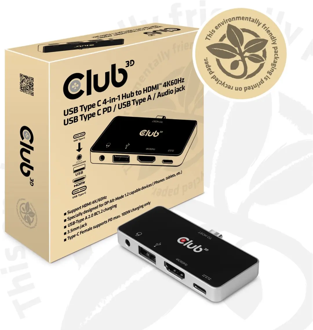 Club3D CSV-1591 USB-C 4-in-1 Hub - HDMI 4K60Hz - Zwart/Chroom