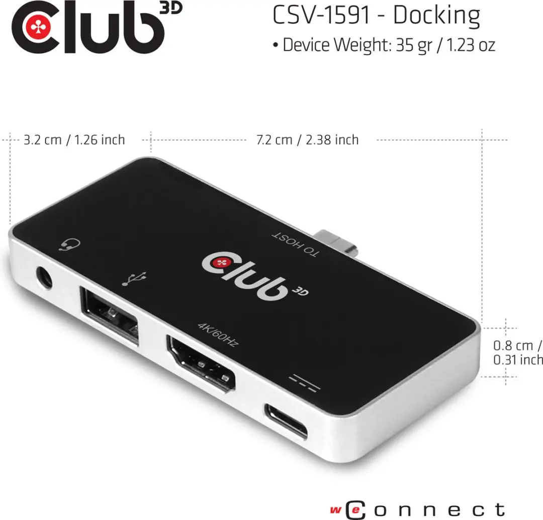 Club3D CSV-1591 USB-C 4-in-1 Hub - HDMI 4K60Hz - Zwart/Chroom