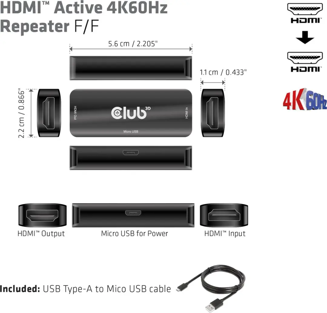 Club3D CAC-1307 HDMI Repeater 4K60Hz - Zwart - afbeelding 6 van 6
