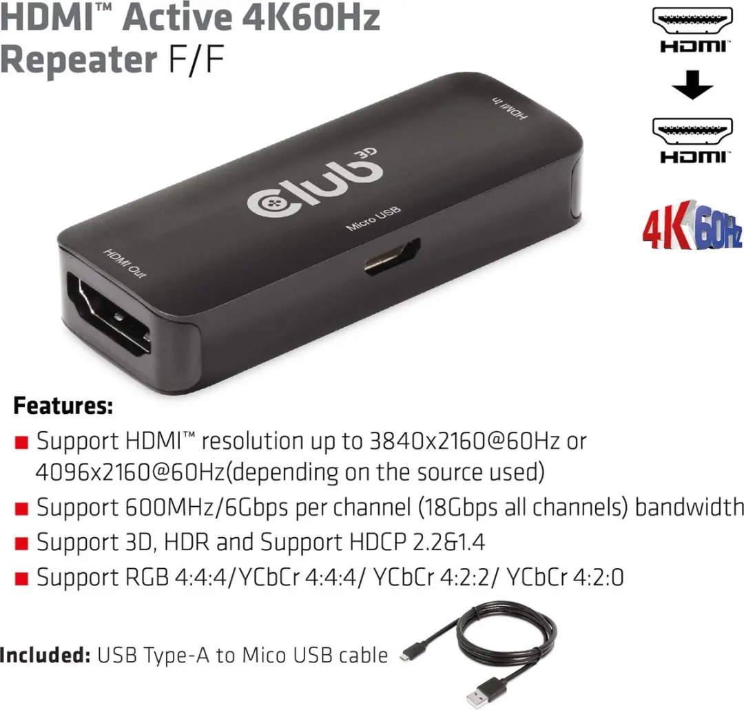 Club3D CAC-1307 HDMI Repeater 4K60Hz - Zwart