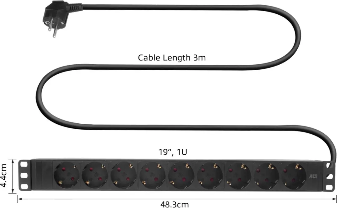 ACT PDU 19" Stekkerdoos 9-voudig Type F - 4000W - 3m Kabel - Zwart - afbeelding 6 van 6