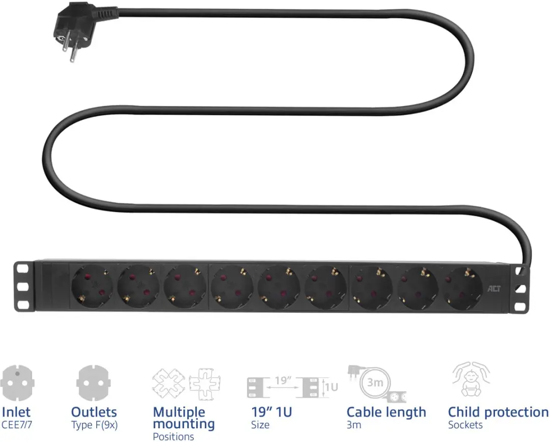 ACT PDU 19" Stekkerdoos 9-voudig Type F - 4000W - 3m Kabel - Zwart